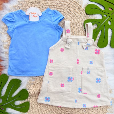 Conj. Blusa e Salopete Florzinhas em Linho- Azul e Areia